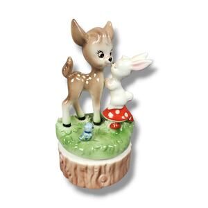 Vintage Lefton Music Box Love Story Theme Deer Fawn Bunny Rabbit Mushroom Bird